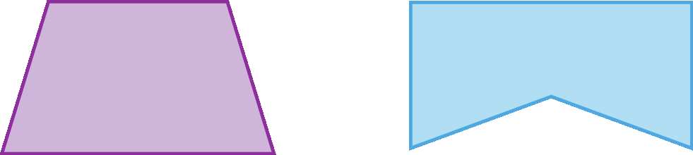 Figura geométrica. 2 figura geométrica plana  uma do lado da outra. A figura que está do lado esquerdo é uma figura roxa com quatro lados e, do lado direito, uma figura azul com 5 lados. O formato se parece com uma bandeira típica de festa junina.