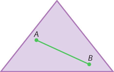Figura geométrica. Representação de um triângulo roxo. No interior da figura há um segmento de reta com extremidades nos pontos verdes A e B.