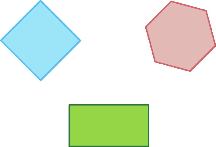 Figuras geométricas. Três representações de figuras geométricas planas. Um quadrilátero azul que se parece com um quadrado, um quadrilátero verde que se parece com um retângulo e um hexágono vermelho.