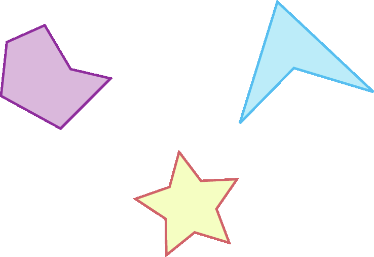 Figuras geométricas. Três representações de figuras geométricas planas. Polígono roxo com seis lados de diferentes medidas. Polígono azul de quatro lados, a figura se parece com uma ponta de seta. Polígono alaranjada com formato de uma estrela de cinco pontas.
