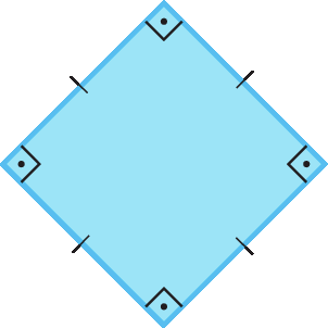 Figura geométrica. Quadrilátero com lados de mesma medida de comprimento e um tracinho em cada lado. Quatro ângulos internos retos.