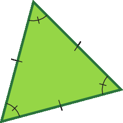 Figura geométrica. Triângulo com lados de mesma medida de comprimento e um tracinho em cada lado. Três ângulos internos identificados por um arco interceptado por um tracinho.