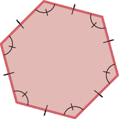 Figura geométrica. Hexágono com lados de mesma medida de comprimento e um tracinho em cada lado. Seis ângulos internos identificados por um arco interceptado por um tracinho.