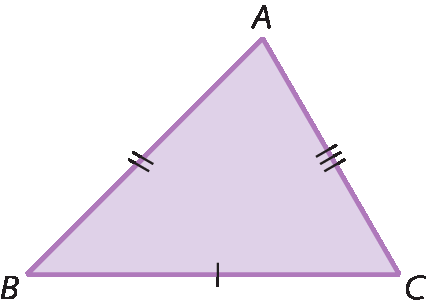 Figura geométrica. Triângulo roxo ABC, um lado com um tracinho, outro lado com dois tracinhos e o terceiro lado com três tracinhos. legenda: triângulo escaleno