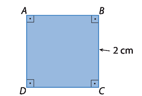 Figura geométrica. Quadrado azul ABCD com indicação de 2 cm em um dos lados.