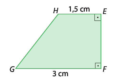 Figura geométrica. Trapézio retângulo verde EFGH. Base maior com indicação de 3 centímetros e base menor com indicação de um vírgula cinco centímetros.