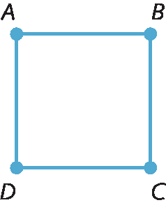 Figura geométrica. Contorno de um quadrilátero azul ABCD com pontos nos vértices azuis A, B, C e D.