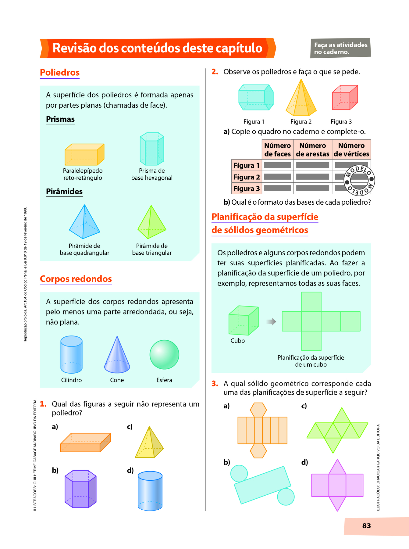 Esquema. Reprodução em tamanho reduzido de uma página da seção Revisão dos conteúdos deste capítulo. Nela, é possível identificar boxes azuis com resumos de teoria e atividades.