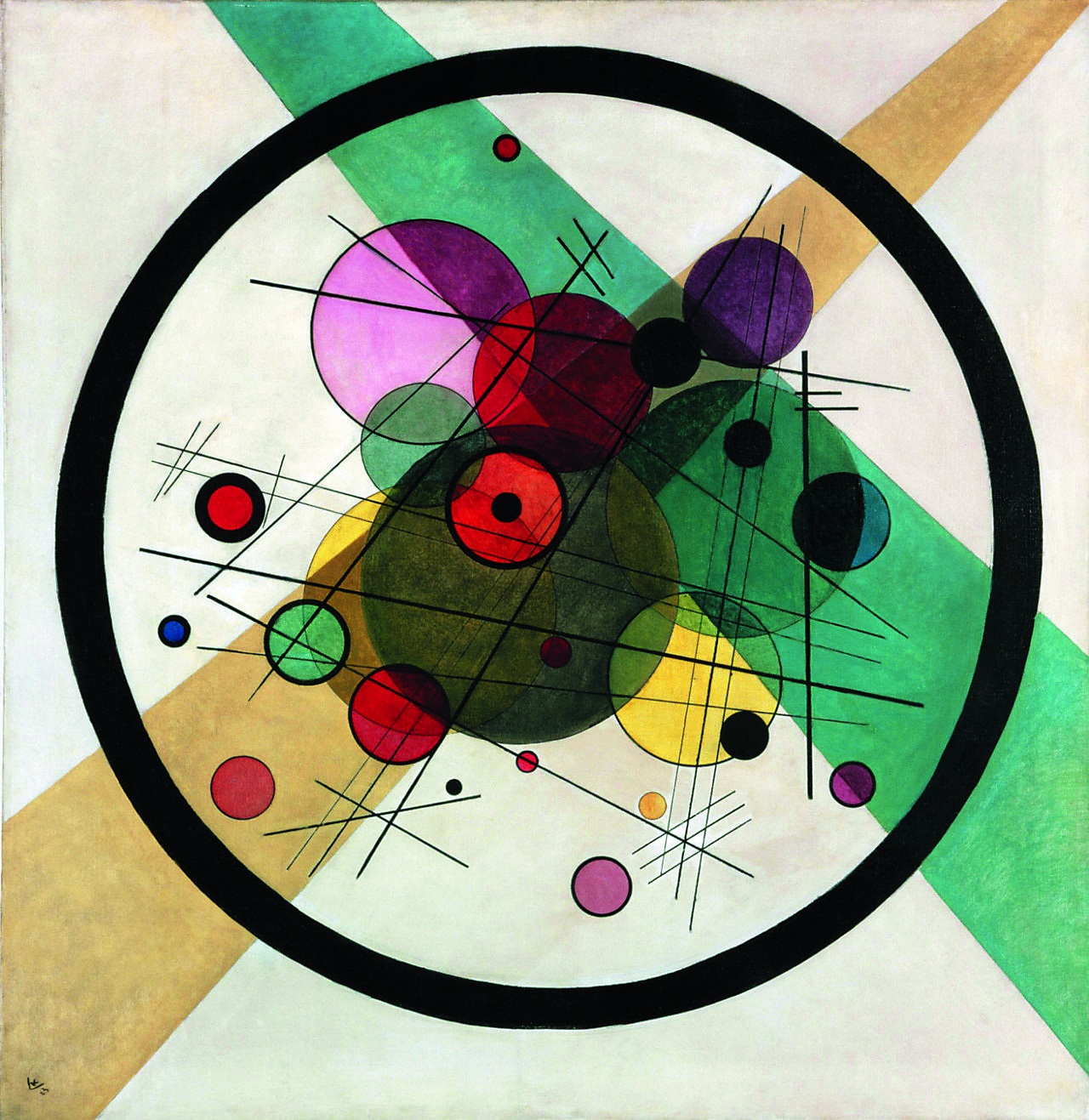Fotografia: uma pintura em uma tela. Uma circunferência preta com vários círculos e retas coloridos dentro.
