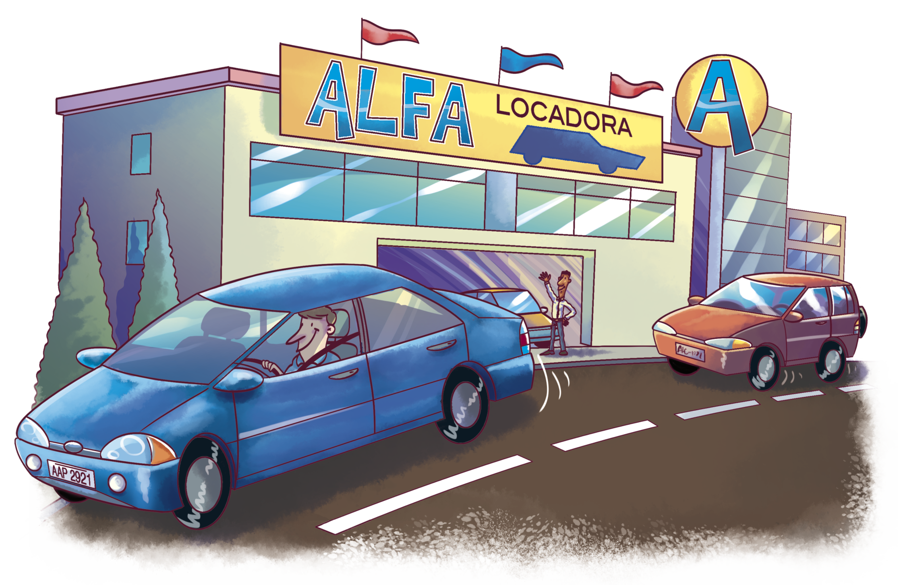 lustração: Uma locadora de carros em uma rua. Na locadora, há uma porta na entrada e uma placa com o nome 'Alfa'. Na rua, há um carro azul e um vermelho passando