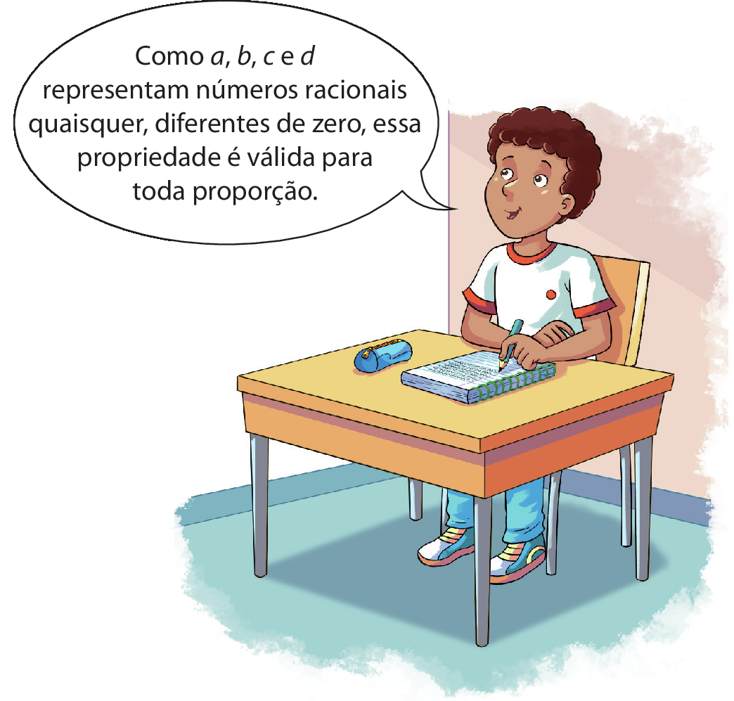 Ilustração: Um menino negro, de cabelos castanhos, camiseta branca e calça azul está sentado em uma cadeira escrevendo. Sobre a mesa que está a sua frente, um caderno e um estojo azul. O menino diz: "como a, b, c e d representam números racionais quaisquer, diferentes de zero, essa propriedade é válida para toda proporção".