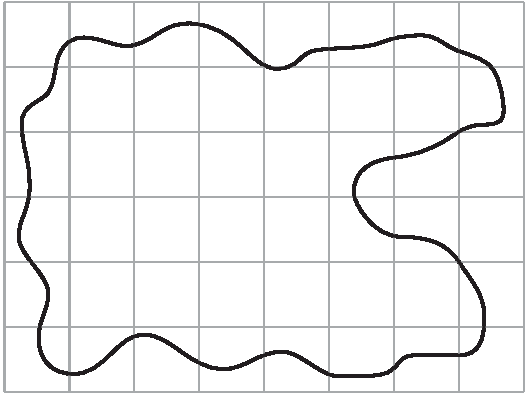 Ilustração. A figura mostra um retângulo branco, dividido em 48 quadrados, 8 quadrados de comprimento e 6 quadrados de largura. Nesse retângulo, há uma linha fechada abstrata que passa por todos os quadrados das extremidades esquerda, superior e inferior do retângulo. Na extremidade direita essa linha passa por 4 quadrados: de baixo para cima, passa por 2 quadrados, faz uma concavidade, assemelhando-se a um C, que faz com que ela passe por mais quatro quadrados que não estão na extremidade da figura, e passa por mais dois quadrados na extremidade direita. A linha passa por 26 quadrados incompletos. E na região interna à figura há 19 quadrados completos. Há somente 3 quadrados completos fora da linha fechada.