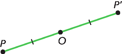 Ilustração. Segmento de reta com extremidades nos pontos P e P linha. Neste segmento de reta, está representado o ponto O de modo que os pontos P e P linha estão à mesma medida da distância do ponto O.