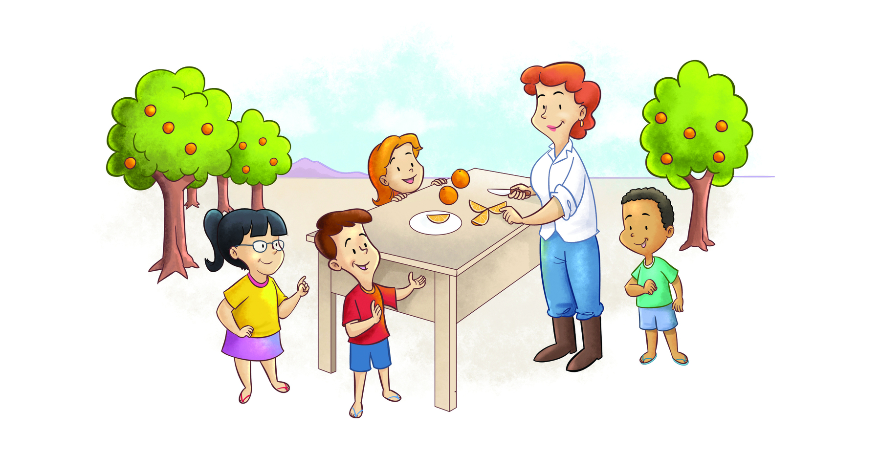 Ilustração. ao centro da imagem há uma mulher branca de cabelo vermelho e curto, camisa branca, calça azul e botas. Ela está à frente de uma mesa com laranjas. Ao redor, quatro crianças: um menino branco com camiseta vermelha, uma menina branca com cabelo preto e óculos, uma menina branca e loira, e um menino negro com camiseta verde. Ao fundo, árvores com laranjas, algumas à esquerda e uma à direita.