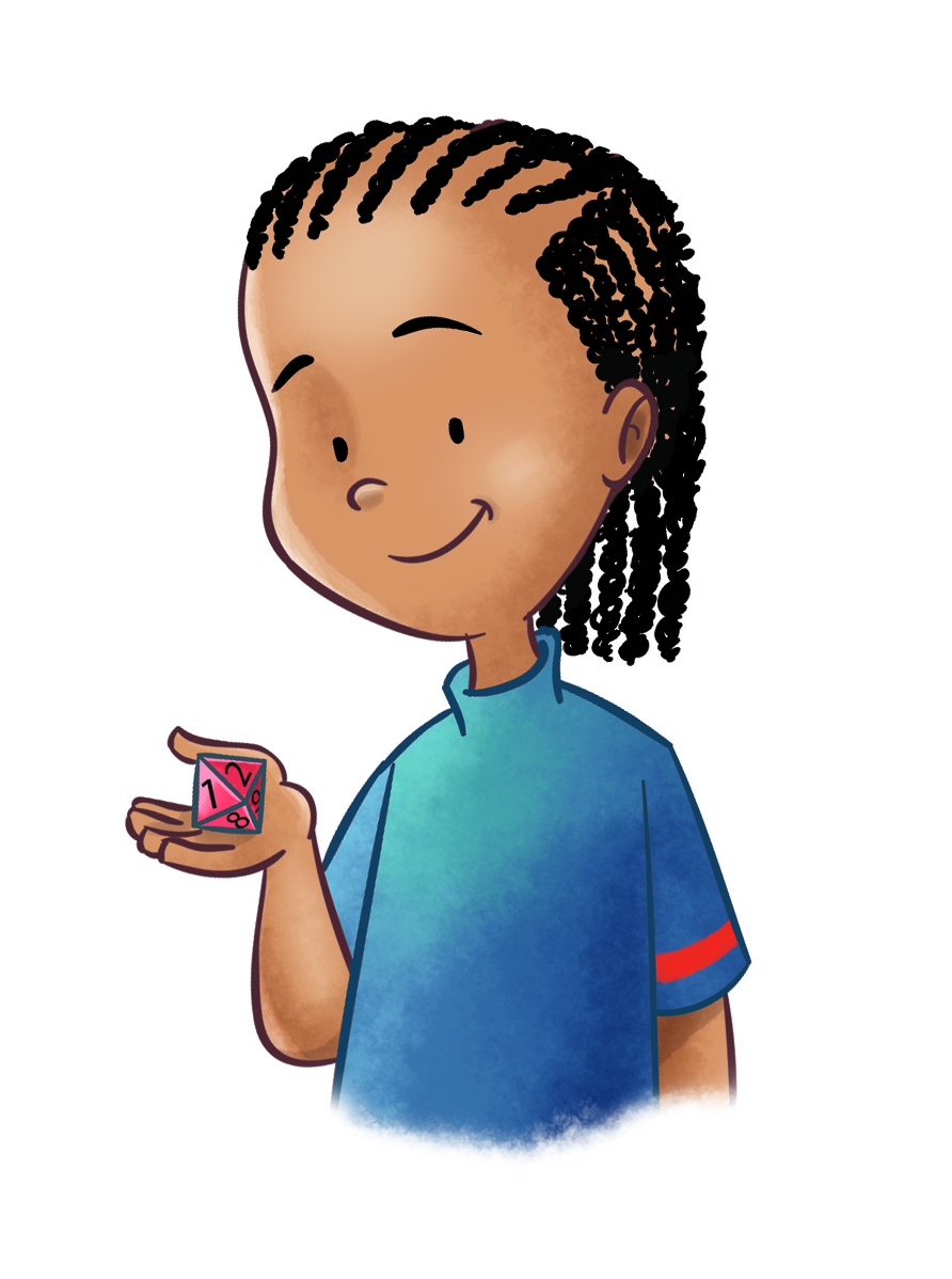 Ilustração. criança negra de cabelo castanho na altura do pescoço, em tranças e com camiseta azul. Ela segura um dado na mão direita, com a palma para cima.