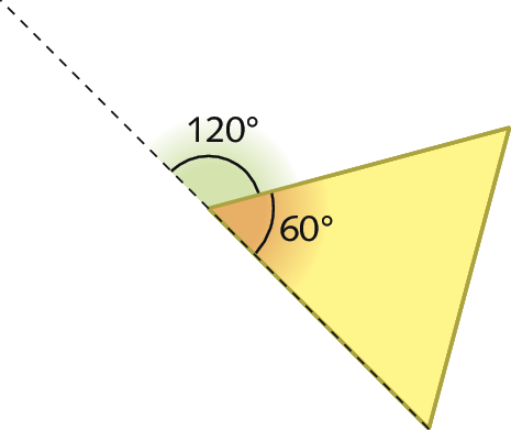 Figura geométrica. Triângulo amarelo, com prolongamento em um dos lados da sua base. No ângulo externo desse prolongamento a indicação de 120° e no ângulo interno a indicação de 60°.