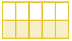 Figura geométrica. Retângulo dividido em dez partes retangulares menores iguais. Cinco partes estão pintadas de amarelo e 5 são brancas.