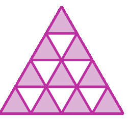 Figura geométrica.. Triângulo dividido em 15 partes triangulares iguais. 10 são roxas e 5 são brancas.
