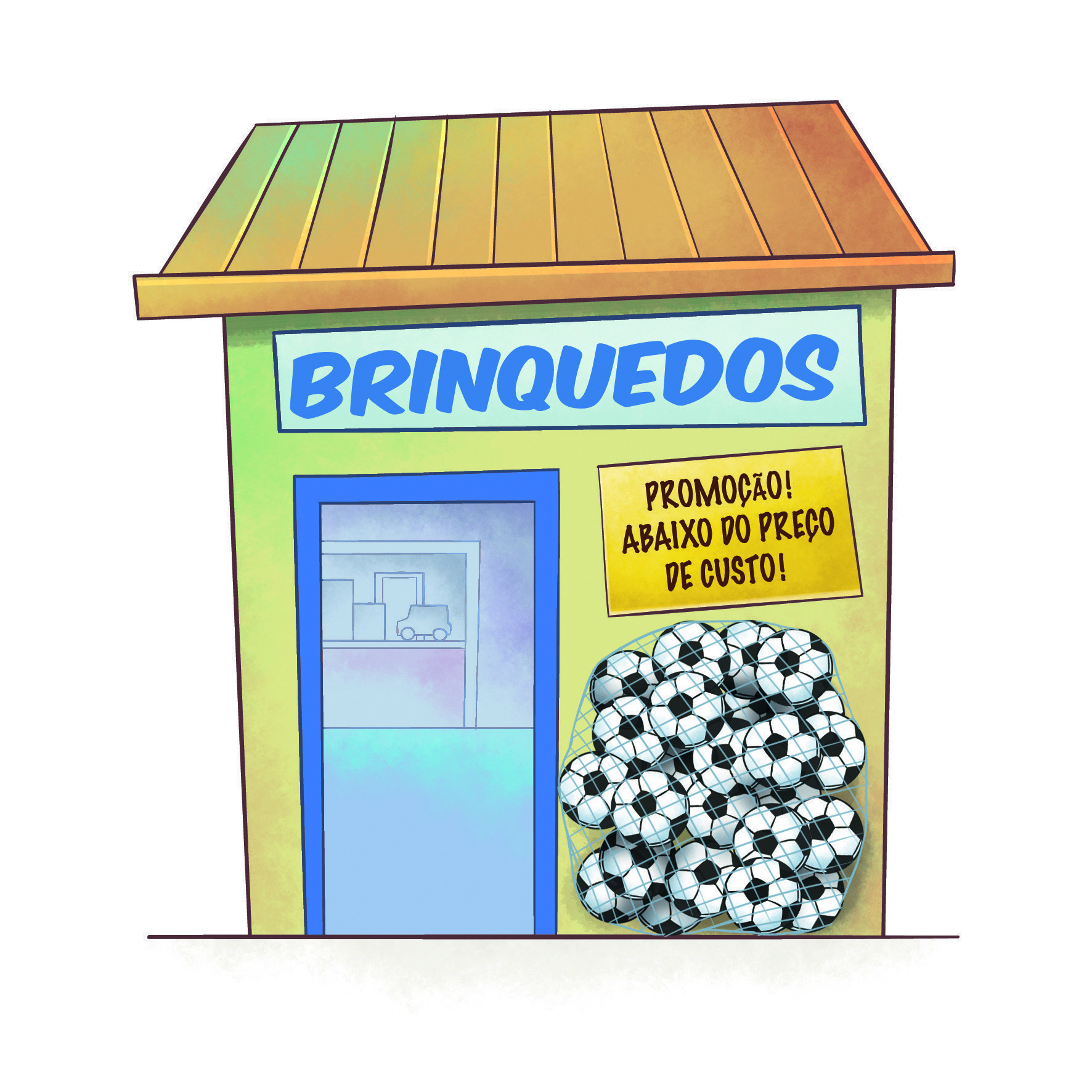 Ilustração. Fachada de uma loja de brinquedos. Acima, BRINQUEDOS.
À esquerda, entrada da loja. À direita, vitrine com um saco de bolas de futebol brancas com detalhes pretos. Acima do saco, cartaz com o escrito: Promoção! Abaixo do preço de custo.