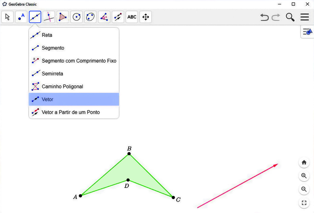 Captura de tela. Tela do software de geometria dinâmica GeoGebra. 

Na parte superior há uma barra com ícones com botões de comandos. Destaque para botão com dois bolinhas azuis e uma seta diagonal.  ferramenta para construção de um vetor.

Há uma uma aba com várias opções e um destaque para a opção vetor.

Abaixo, na tela, há uma figura geométrica verde com as vértices ABCD. À uma seta obliqua para cima.