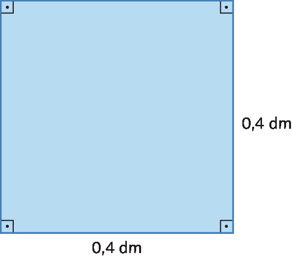 Figura geométrica. Quadrado azul com os 4 ângulos retos indicados e comprimento do lado de 0,4 dm.