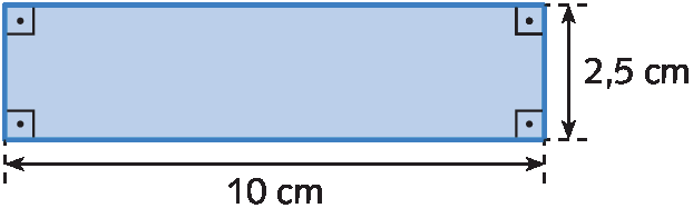 Figura geométrica. Retângulo disposto na horizontal. Cota na parte inferior indicando que seu comprimento mede 10 centímetros. Cota na parte lateral direita, indicando que  sua altura mede 2 vírgula 5 centímetros.