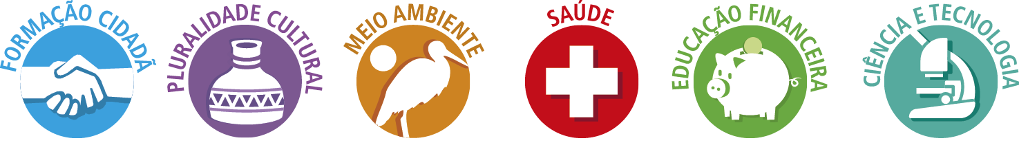 Ícones dos Temas Contemporâneos Transversais dispostos horizontalmente. Primeiro: Aperto de mãos. Acima, o texto FORMAÇÃO CIDADÃ. Segundo: Pote com grafismos. Acima, o texto PLURALIDADE CULTURAL. Terceiro: Ave com um sol ao fundo. Acima, o texto MEIO AMBIENTE. Quarto: Cruz. Acima, o texto SAÚDE. Quinto: Cofre com o formato de um porco. Acima, o texto EDUCAÇÃO FINANCEIRA. Sexto: Microscópio. Acima, o texto CIÊNCIA E TECNOLOGIA.