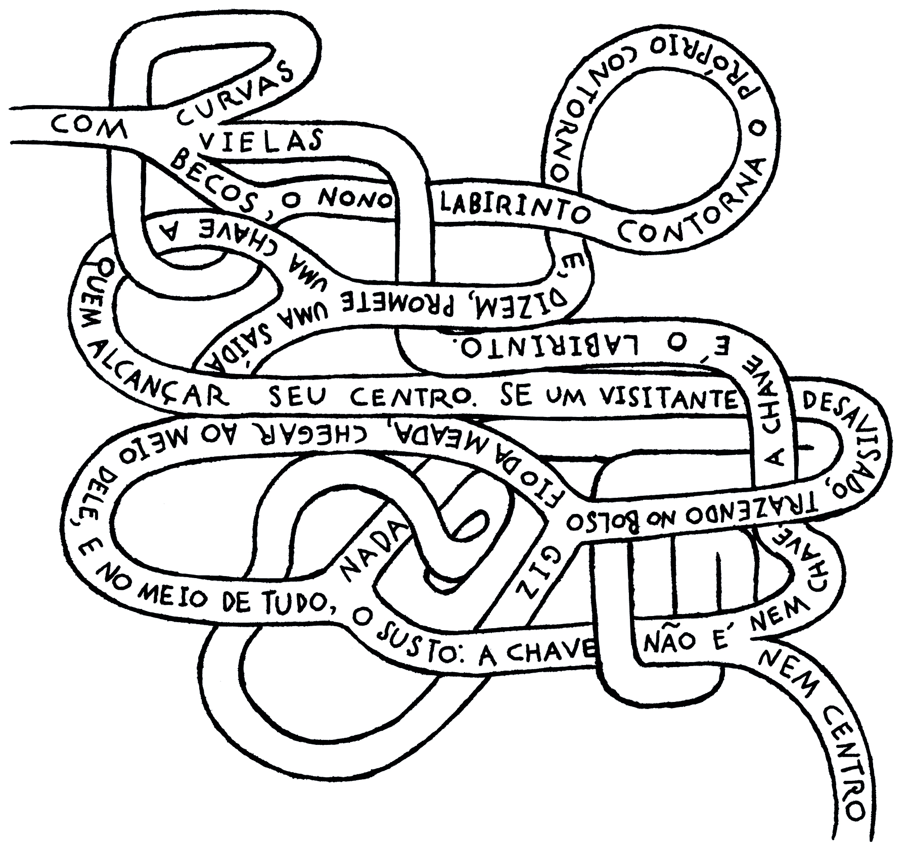 Ilustração em preto e branco. Fundo branco com poema em formato de labirinto com curvas entrelaçadas e informações.