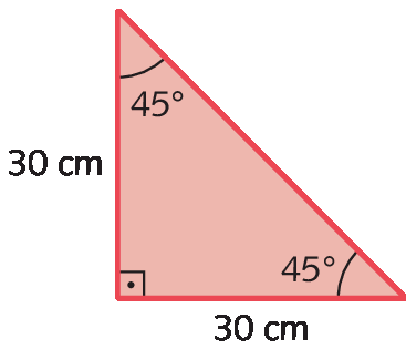 Figura geométrica. Triângulo retângulo. Os ângulos internos medem 90 graus, 45 graus e 45 graus. Os lados adjacentes ao ângulo reto medem 30 centímetros.