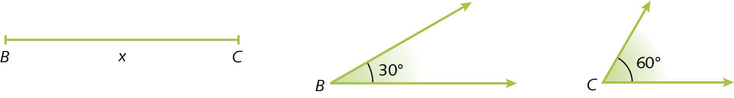 Ilustração. Segmento de reta, com extremidades identificadas com as letras B e C. No centro desse segmento de reta a letra x. Ao lado, ponto B que é origem de duas semirretas que formam um ângulo de medida de 30 graus. Ao lado, ponto C que é origem de duas semirretas que formam um ângulo de medida 60 graus.
