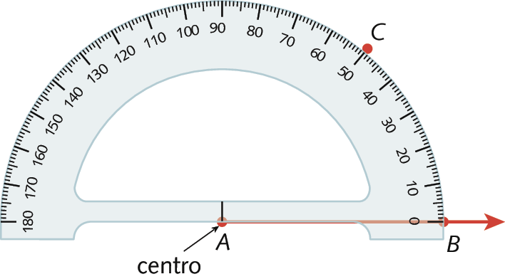 Ilustração. Transferidor de 180 graus. No centro, ponto A. Semirreta horizontal AB em 0 grau e uma marcação do ponto C em 50 graus.