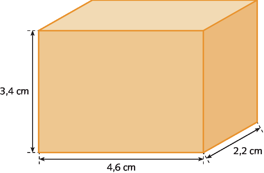 Ilustração. A imagem apresenta um paralelepípedo laranja, de comprimento 4,6 centímetros, largura de 2,2 centímetros e 3,4 centímetros de altura.