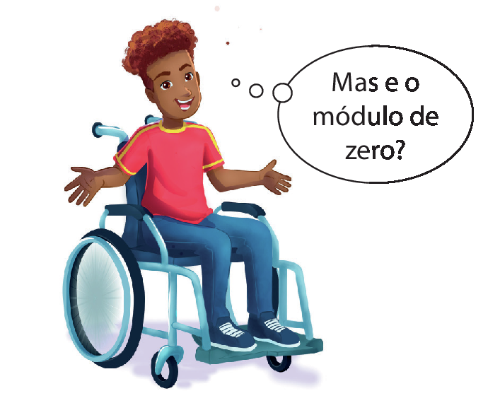 Ilustração. Menino negro de cabelo castanho, usa camiseta vermelha e calça azul. Ele está sentado em uma cadeira de rodas com os braços abertos e pensa: Mas e o módulo de zero?