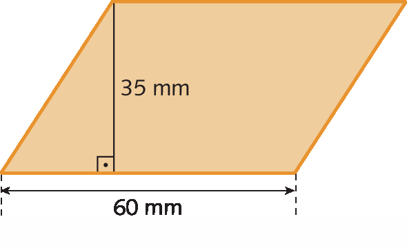 Ilustração. A figura apresenta um paralelogramo bege,  que tem 60 milímetros como medida da base e 35 milímetros como a medida da altura.