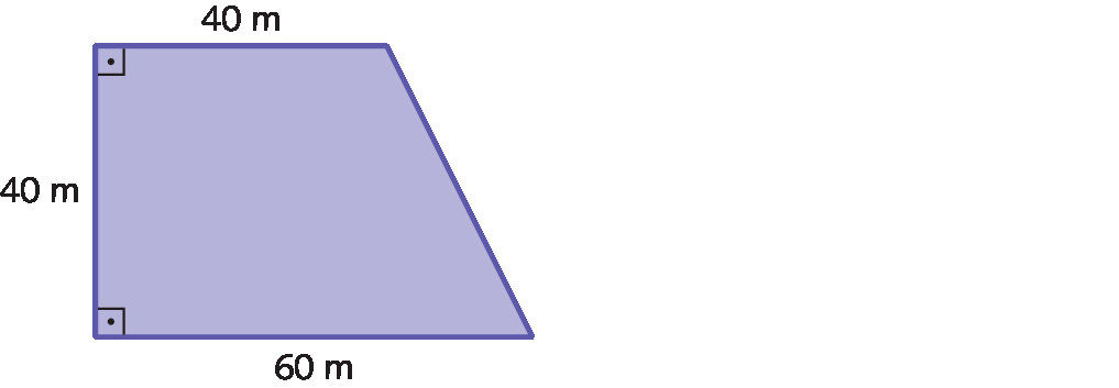 Ilustração. Trapézio roxo de medida da base menor 40 metros, medida da base maior 60 metros e lado perpendicular às bases de medida 40 metros.