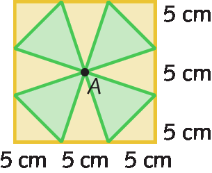 Ilustração. A figura apresenta um quadrado bege, no qual cada lado foi divido em 3 partes, de 5 centímetros cada, por 2 pontos. Cada um um dos oitos pontos esta ligado por dois segmentos distintos ao centro do quadrado e ao ponto mais próximo no lado adjacente, criando 4 triângulos isósceles congruentes verdes cujos vértices coincidem com o centro do quadrado.
