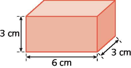 Ilustração. Paralelepípedo vermelho em que o comprimento mede 6 centímetros, a largura mede 3 centímetros e a altura mede 3 centímetros.