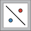 Ilustração. Botão no formato de um  quadro com uma diagonal no centro e um poto azul de um lado e ponto vermelha do outro lado.