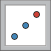Ilustração. Botão no formato de um  quadro com dois pontos azuis e um ponto vermelha na diagonal.