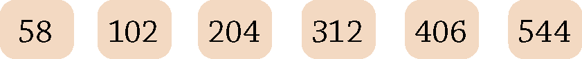 Esquema. 6 quados alinhados na horizontal. Da esquerda para a direita, temos: 58, 102, 204, 312, 406, 544