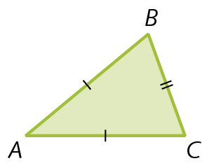 Figura geométrica. Triângulo verde ABC com apenas dois lados com mesma medida de comprimento.