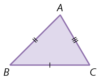 Figura geométrica. Triângulo roxo, ABC com lados de medida de comprimento diferentes.