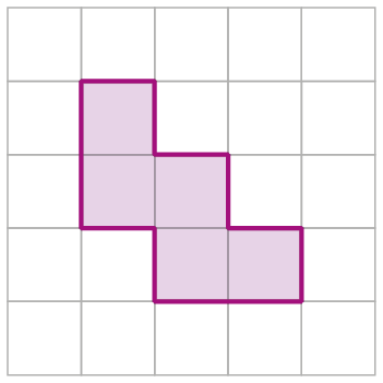 Esquema. Malha quadriculada, de 5 linhas com 5 quadradinhos cada com a representação de uma figura lilás composta por 5 quadradinhos.. Do lado esquerdo da figura, há dois quadradinhos verticais. À direita do quadradinho da parte inferior, outro quadradinho. Abaixo, deste quadradinho outro. À direita dele, outro quadradinho.