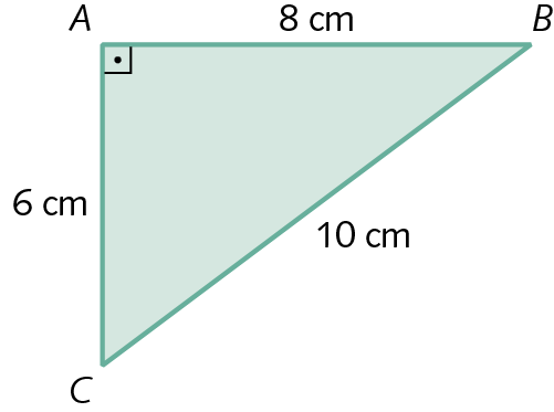 Figura geométrica. Triângulo retângulo com comprimento da hipotenusa medindo 8 centímetros, um dos catetos medindo 6 centímetros e o outro cateto com comprimento medindo 10 centímetros.