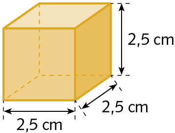Figura geométrica. Cubo laranja cotas indicando que as arestas medem 2 vírgula 5 centímetros de comprimento.