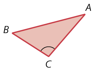 Figura geométrica.. Triângulo ABC com com ângulo de vértice C com abertura medindo mais do que 90 graus.