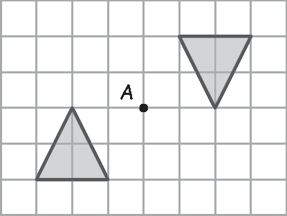 Ilustração. Um retângulo, formado por 48 quadradinhos, cada um com 1 centímetro de lado, sendo 8 na horizontal e 6 na vertical. Os quadradinhos são desenhados por segmentos cinza claro. No centro do retângulo, cruzamento da quarta linha com a quinta coluna, há uma ponto preto, denominado A maiúsculo.
Na porção superior direita do retângulo, há um triângulo desenhado com segmentos cinza escuro, espessos e preenchido por cinza médio, cujos vértices estão nos seguintes cruzamentos: segunda linha com sexta coluna, para, segunda linha com oitava coluna, para, quarta linha com sétima coluna e, de volta à segunda linha com sexta coluna. Abaixo e à esquerda desse triângulo, outro triângulo idêntico, com vértices nos seguintes cruzamentos: quarta linha com terceira coluna, para, sexta linha com segunda coluna, para, sexta linha com quarta coluna e, de volta à quarta linha com terceira coluna.