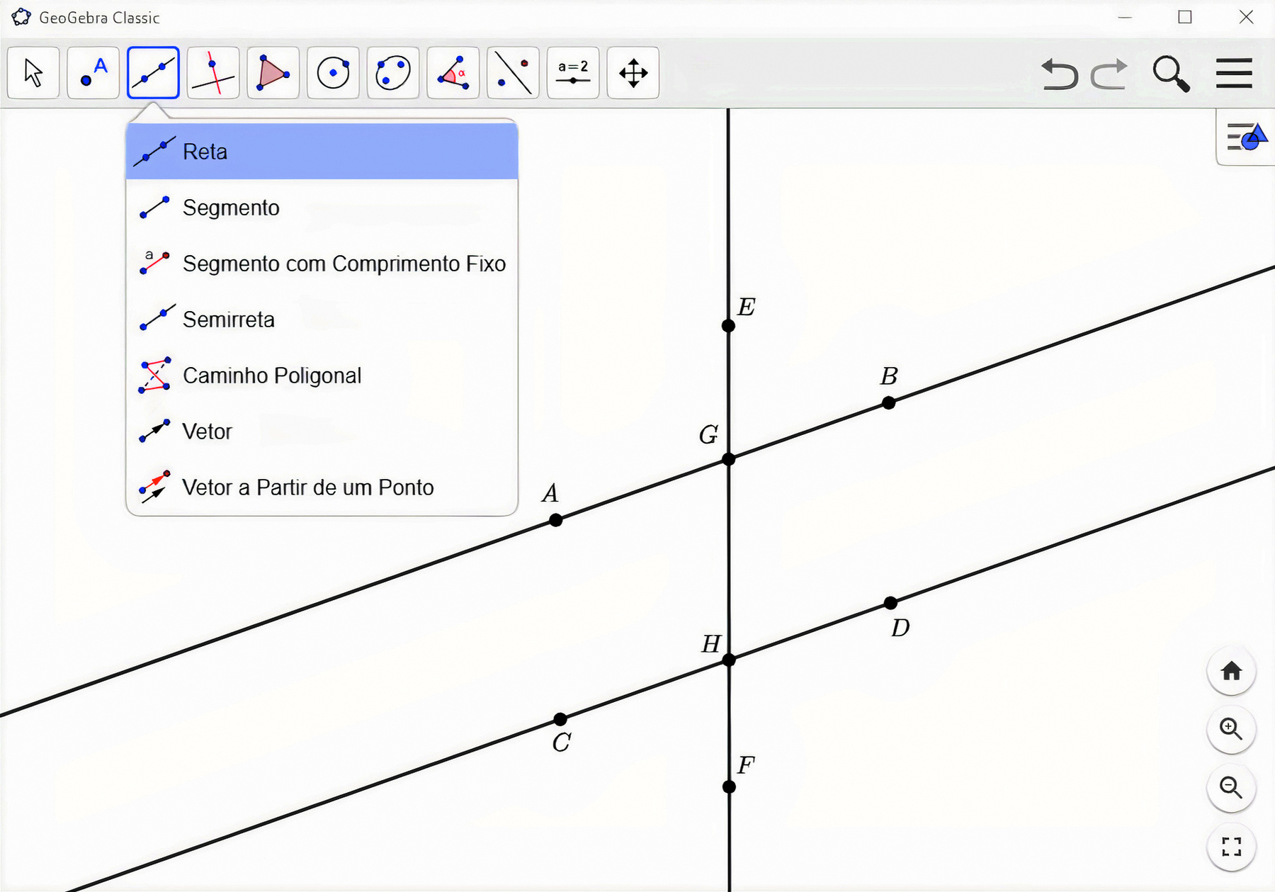 Captura de tela. Software de geometria dinâmica. Na parte superior, botões de comandos. Destaque para botão com uma reta e dois pontos com aba destacada: Reta. Abaixo, na tela, duas retas paralelas: AB e CD. Cortando essas retas, a reta EF.Ponto G na intersecção das retas AB e EF.Ponto H na intersecção das retas CD e EF.