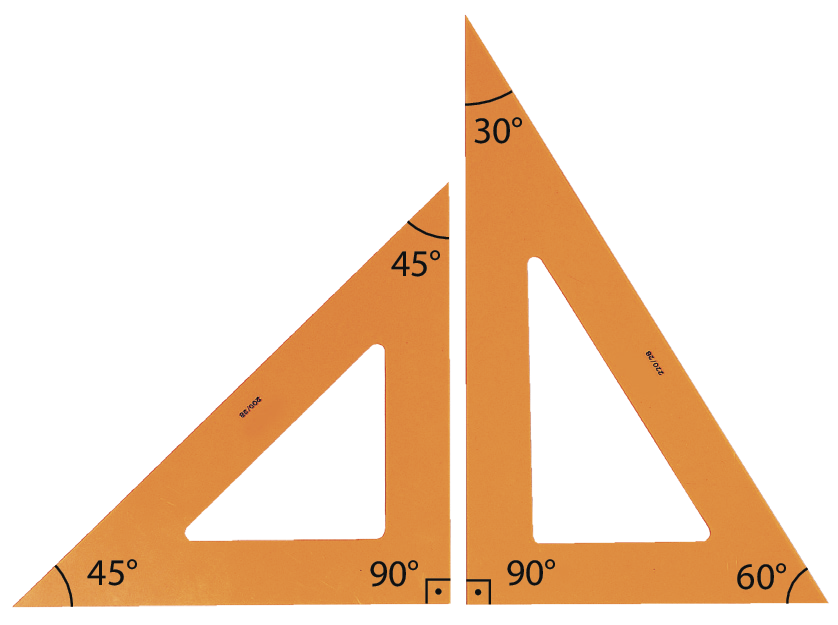 Ilustração. Dois esquadros, um ao lado do outro. O esquadro do lado esquerdo tem dois ângulos de 45 graus e um ângulo de 90 graus. O esquadro à direita tem um ângulo de 30 graus, um ângulo de 90 graus e um ângulo de 60 graus.