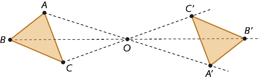 Esquema. Continuando com o esquema anterior, agora há dois triângulos um à esquerda e outro à direita,  e estão unidos por segmento de retas que estão  entre as vértices.
Vértice A do triângulo à esquerda ligado por segmento de reta passando pelo ponto O a vértice A linha do triângulo à direita 
Vértice B do triângulo à esquerda  ligado por segmento de reta passando pelo ponto O a vértice B linha do triângulo à direita 
Vértice C do triângulo à esquerda  ligado por segmento de reta passando pelo ponto O a vértice C linha do triângulo à direita